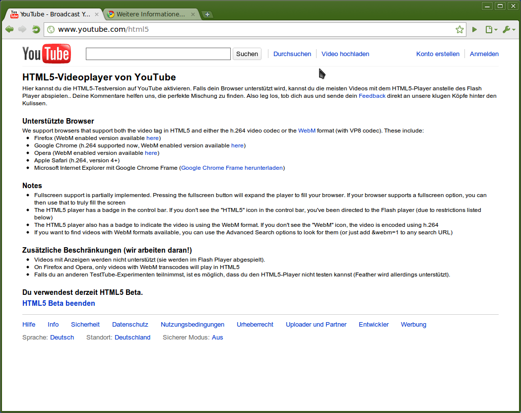 Google Chrome mit VP8-Unterstützung kann auf Youtube getestet werden.